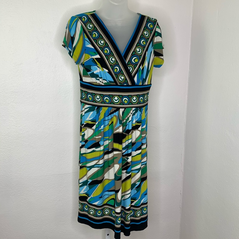 AB Studio Blue & Green Midi Short Sleeve Dress | M